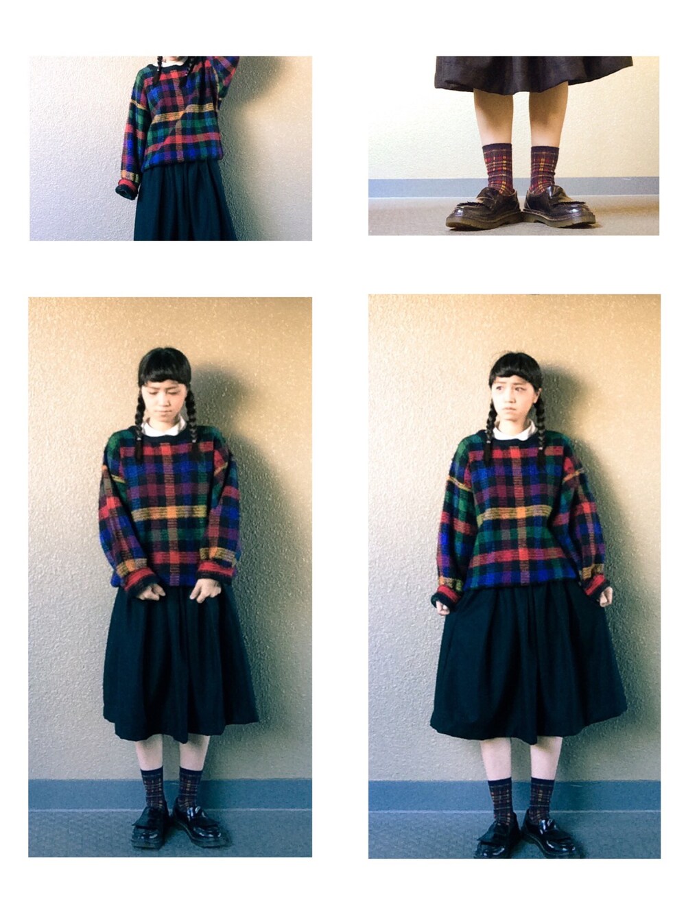「古着、チェック、check、niko and ...、Kastane、ローファー、ローファー×靴下」｜「niko and...のアイテム（シャツ/ブラウス、ホワイト系）」を使った、みかりんさん（レディース・159cm）の冬コーディネートの1枚目の写真