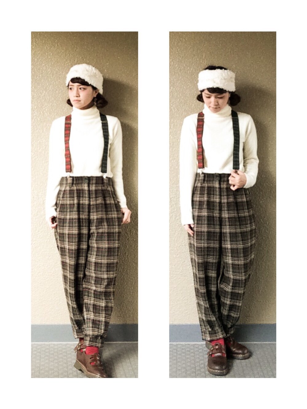「ヘアバンド、クリスマス2014(レッド×グリーン)、Dr.Martens、チェックパンツ、サスペンダー、BEAMS BOY、タートルネック、古着」｜「古着のアイテム（その他パンツ、ベージュ系）」を使った、みかりんさん（レディース・159cm）の冬コーディネートの1枚目の写真