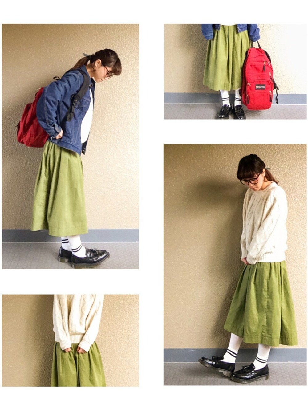 「リュック、赤、ローファー、デニムジャケット、Levi's、Dr.Martens、スカート」｜「Levi'sのアイテム（デニムジャケット、ブルー系）」を使った、みかりんさん（レディース・159cm）の春コーディネートの1枚目の写真