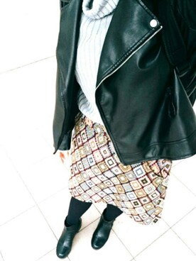 「学校」｜「アイテム（ライダースジャケット）」を使った、Mayuさん（レディース・159cm）の秋コーディネート