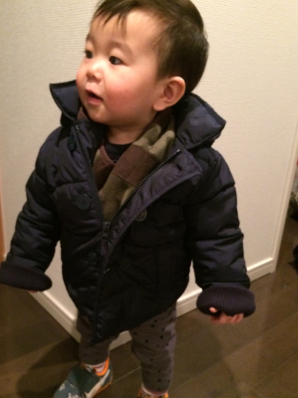「asics、ダウンジャケット、baby、kids」｜「GAPのアイテム（ダウンジャケット/コート、ブルー系）」を使った、★DERA★さん（キッズ・70cm）の冬コーディネートの1枚目の写真