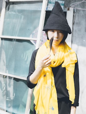 「pizza cut five（ピザカットファイブ）のアイテム（ニットキャップ/ビーニー）」を使った、Jhen さん（レディース・159cm）の秋コーディネート