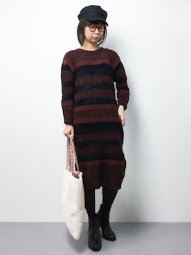 「rukkilill（ルッキリル）のメランジボーダー　クルーO.P.（ワンピース）」を使った、naoさん（レディース・163cm）の秋コーディネート