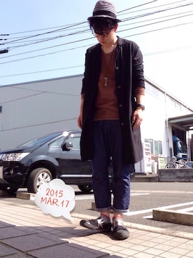 「黒縁メガネ」｜「アイテム（その他アウター）」を使った、ゆうすけさん（メンズ・176cm）の春コーディネート