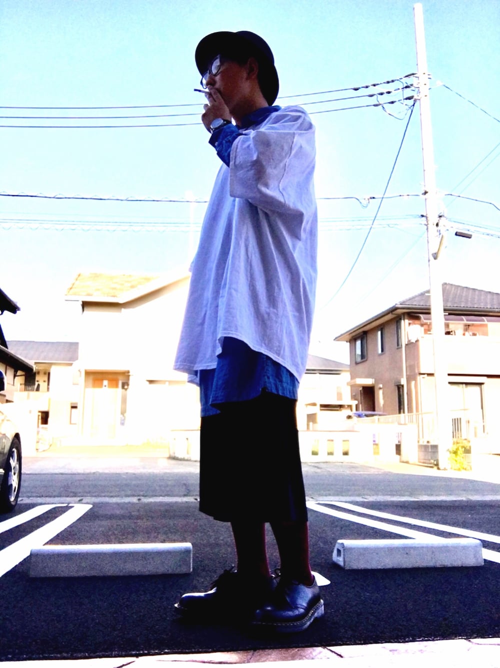 「ガウチョパンツ、シャツワンピ、ビックT、ビッグシルエット、Dr.Martens、ハット」｜「Dr. MartensのDr. martens original 1461 boots（ブーツ、ブラック系）」を使った、ゆうすけさん（メンズ・176cm）の秋コーディネートの1枚目の写真