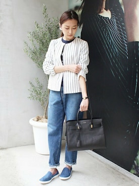 「アイテム（ノーカラージャケット、その他）」を使った、Yuriさん（レディース・156cm）の春コーディネート