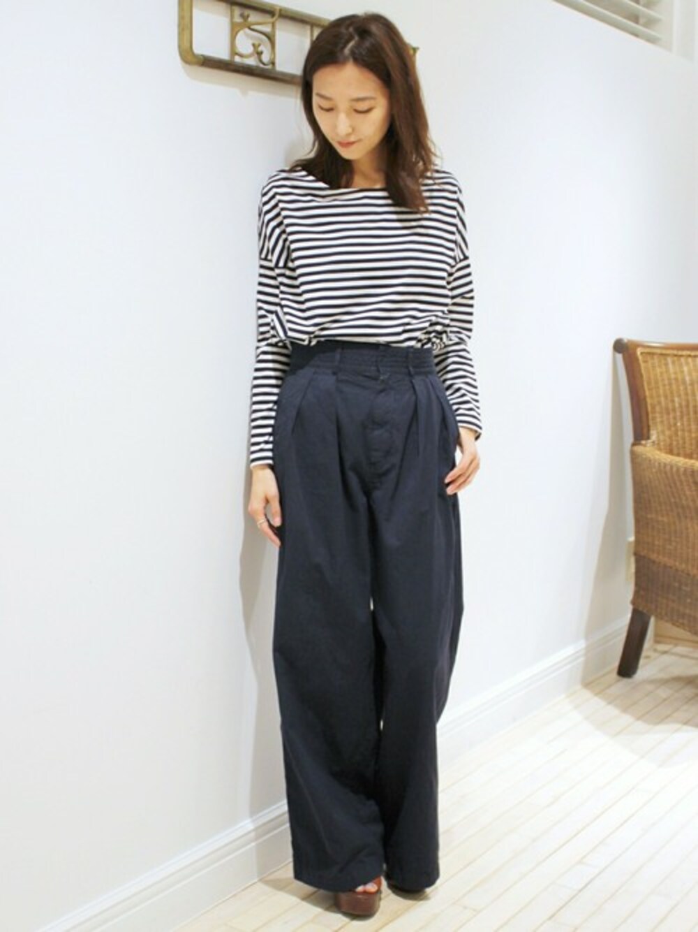 「ボーダー、edit for lulu、EDIT.FOR LULU、エディットフォールル(EDIT. FOR LULU)」｜「EDIT. FOR LULUの◇イタリアン シルケット天竺 ボートネック（Tシャツ/カットソー、ブルー系）」を使った、Yuriさん（レディース・156cm）の春コーディネートの1枚目の写真