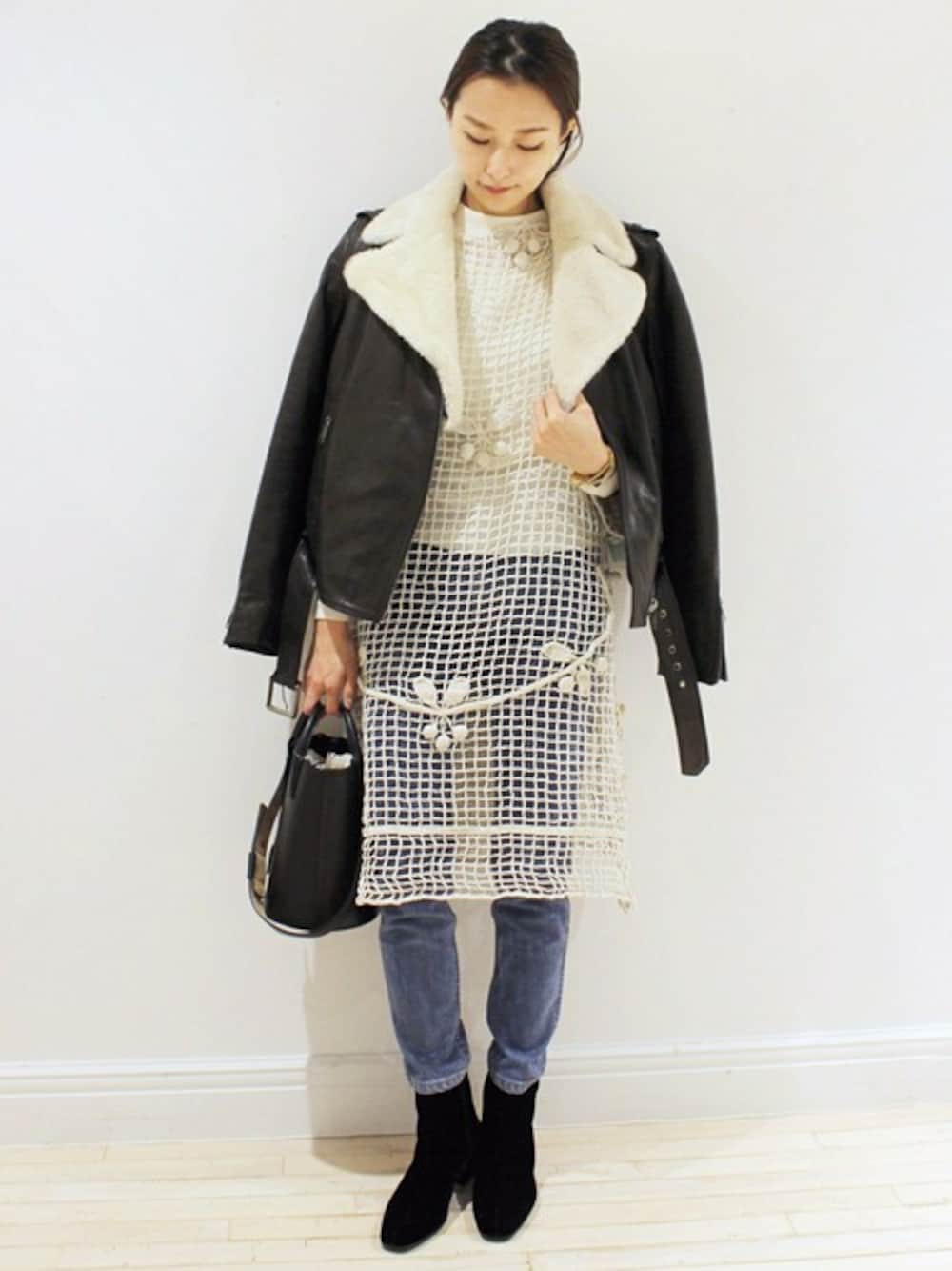 「edit for lulu、EDIT.FOR LULU、エディットフォールル(EDIT. FOR LULU)」｜「EDIT. FOR LULUの◇PLACE NATIONALE アソートクロシェワンピース（ワンピース、ホワイト系）」を使った、Yuriさん（レディース・156cm）の冬コーディネートの1枚目の写真