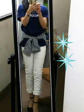 「LACOSTE（ラコステ）のアイテム（Tシャツ/カットソー、ブルー系）」を使った、chiharuさん（レディース・158cm）の夏コーディネート
