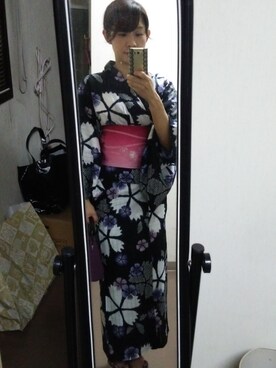 「和ごころ輪ずのアイテム（浴衣、ブラック系）」を使った、chiharuさん（レディース・158cm）の夏コーディネート