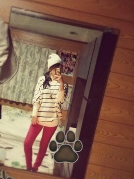 「pierrotのアイテム（Tシャツ/カットソー、ホワイト系）」を使った、chiharuさん（レディース・158cm）の冬コーディネート