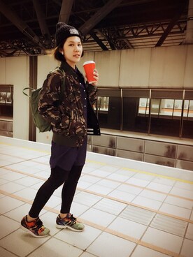 「AAPE BY A BATHING APE（エーエイプバイアベイシングエイプ）のアイテム（スタジャン）」を使った、Kiwiさん（レディース・159cm）の冬コーディネート