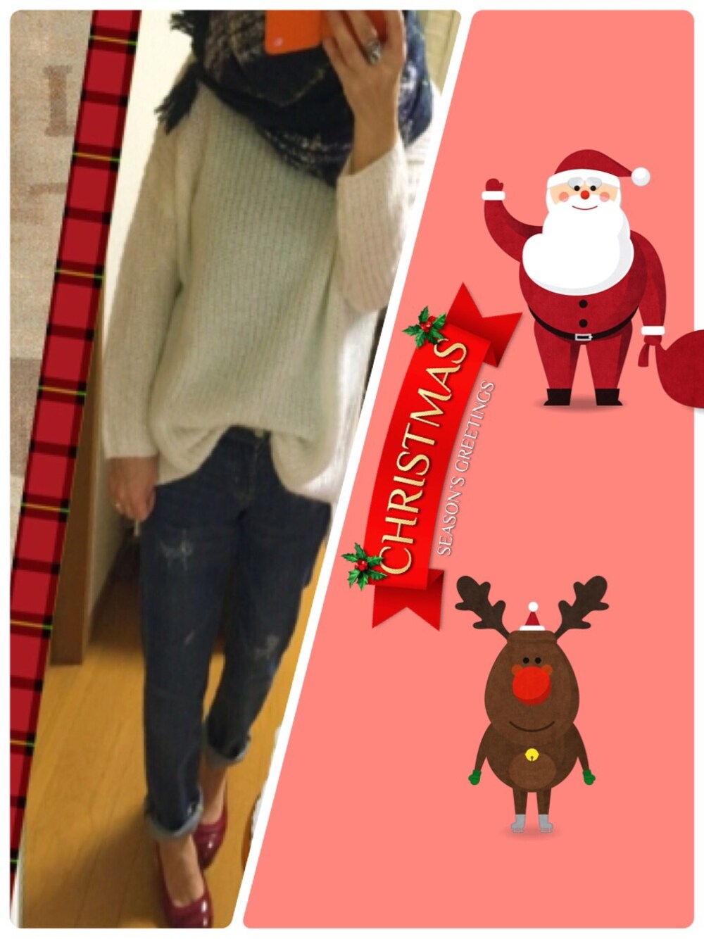 「クリスマス2014(レッド×グリーン)、チエック、マフラーぐるぐる、テーパードデニム」｜「ZARAのアイテム（ニット/セーター、ホワイト系）」を使った、朱南**さん（レディース・156cm）の冬コーディネートの1枚目の写真
