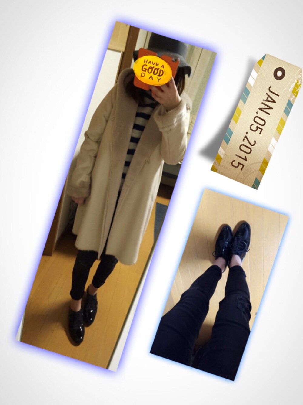 「冬のSALEで買いました！（アウター）、ムートンコート、ブラックデニム、ドレスシューズ、ボーダーニット」｜「ZARAのアイテム（ニット/セーター、その他）」を使った、朱南**さん（レディース・156cm）の冬コーディネートの1枚目の写真