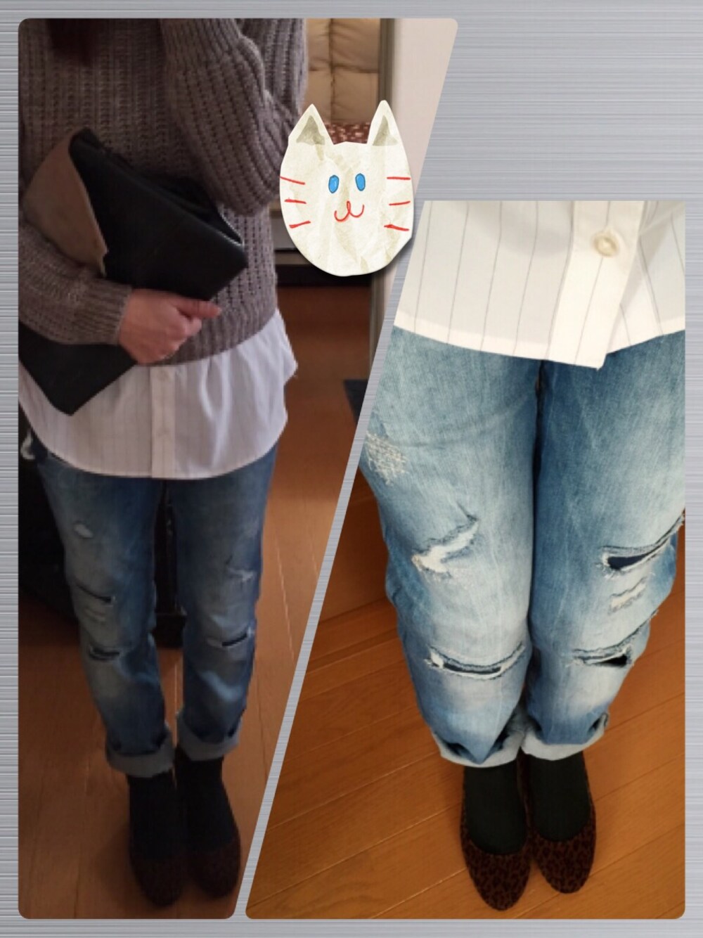 「シャツ×ニット、ダメージデニムパンツ、レオパード、グレーニット、ヒール×靴下」｜「JEANASISのアイテム（ニット/セーター、グレー系）」を使った、朱南**さん（レディース・156cm）の冬コーディネートの1枚目の写真