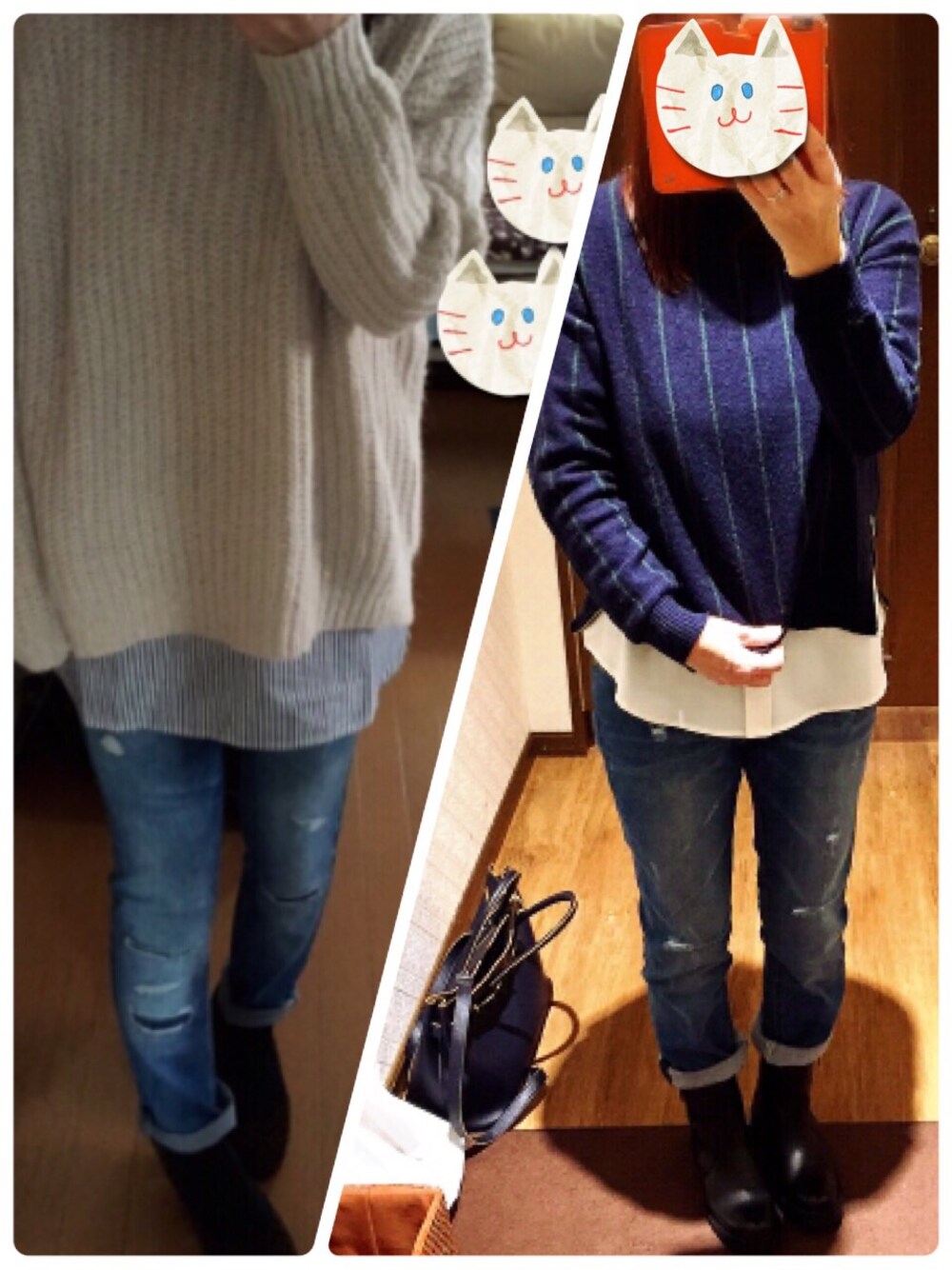 「シャツ×ニット、ダメージデニムパンツ、ストライプ、オーバーサイズニット」｜「ZARAのアイテム（ニット/セーター、グリーン系）」を使った、朱南**さん（レディース・156cm）の冬コーディネートの1枚目の写真