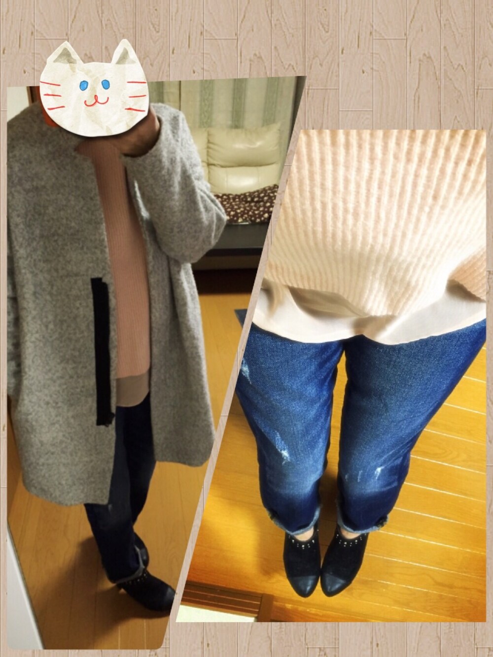 「ダスティパステル、ボーイフレンドデニム、ブーティ」｜「ZARAのアイテム（その他アウター、グレー系）」を使った、朱南**さん（レディース・156cm）の冬コーディネートの1枚目の写真