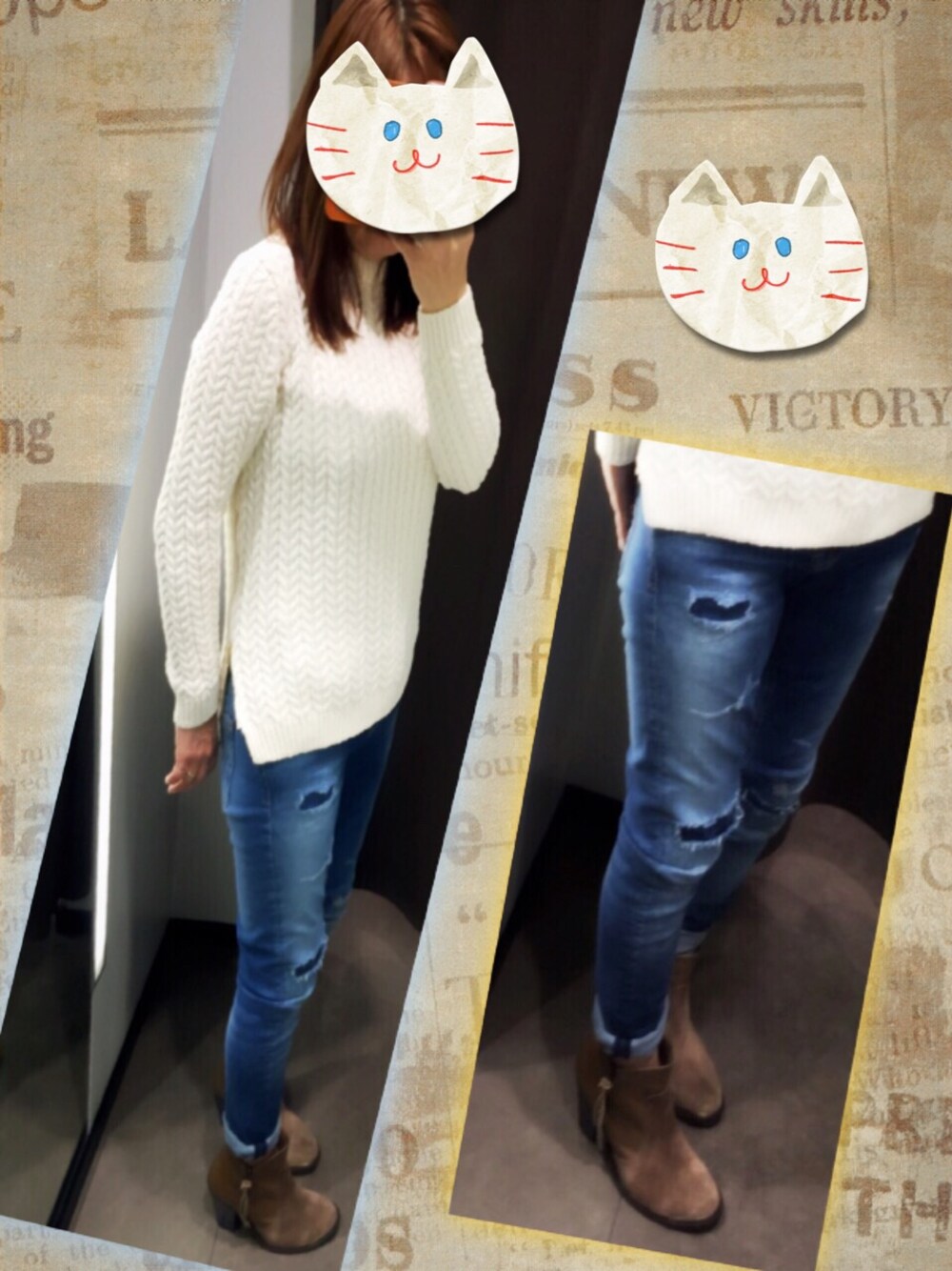 「ホワイトニット、ダメージデニムパンツ、ZARA」｜「ZARAのアイテム（ニット/セーター、ホワイト系）」を使った、朱南**さん（レディース・156cm）の冬コーディネートの1枚目の写真