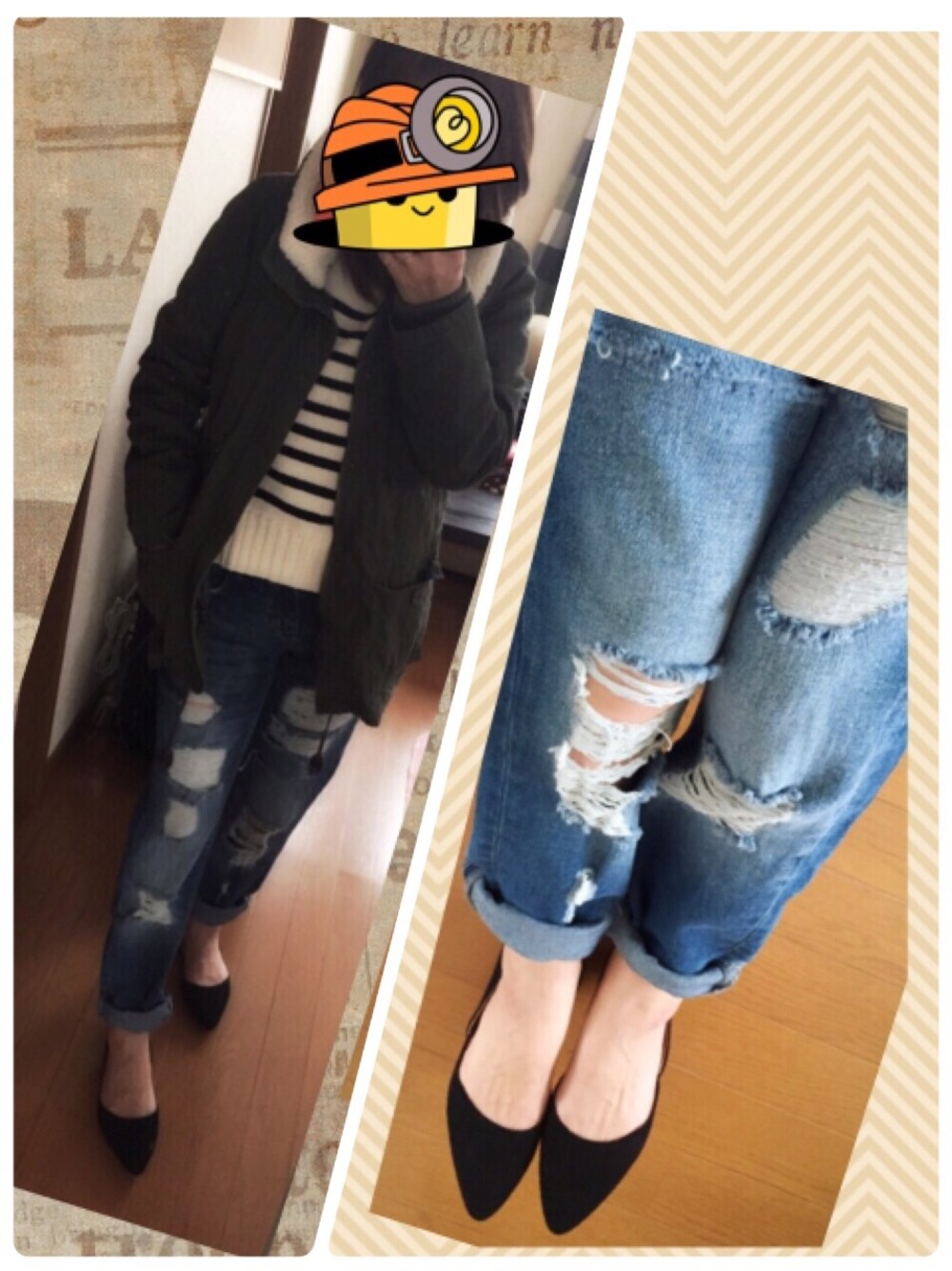「デニム、モッズコート、バレーシューズ、ダメージデニムパンツ、ボーダー」｜「ZARAのアイテム（デニムパンツ、ブルー系）」を使った、朱南**さん（レディース・156cm）の冬コーディネートの1枚目の写真