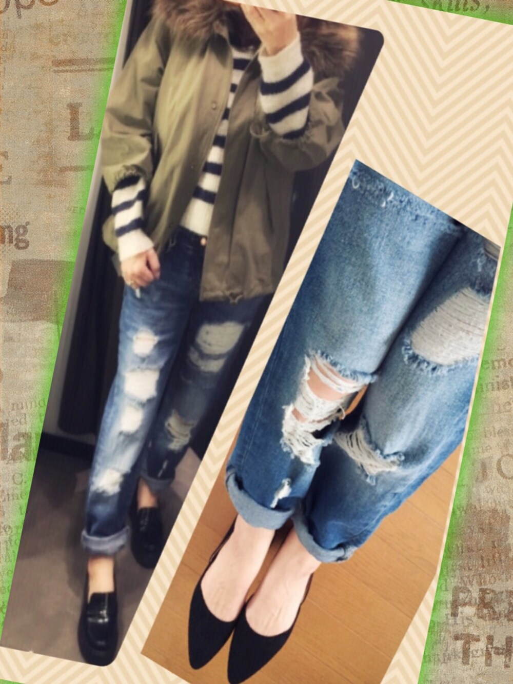 「モッズコート、ダメージデニムパンツ、バレーシューズ、カーキ」｜「ZARAのアイテム（ミリタリージャケット、グリーン系）」を使った、朱南**さん（レディース・156cm）の冬コーディネートの1枚目の写真