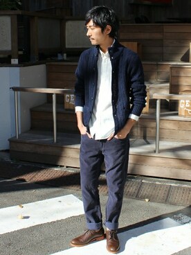 ケーブル編みニットハイネックカーディガン を使ったメンズ人気ファッションコーディネート Wear