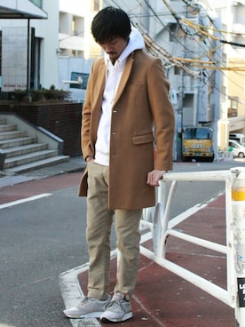 「JOURNAL STANDARD（ジャーナルスタンダード）のアイテム（チェスターコート）」を使った、Sasaさん（メンズ・178cm）の冬コーディネート