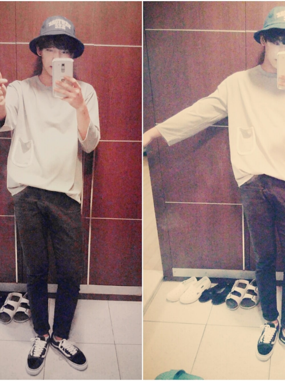 グレー系のTシャツ/カットソー、ブラック系のその他パンツ、ブラック系のスニーカーを着用したメンズの夏コーディネートの1枚目の写真