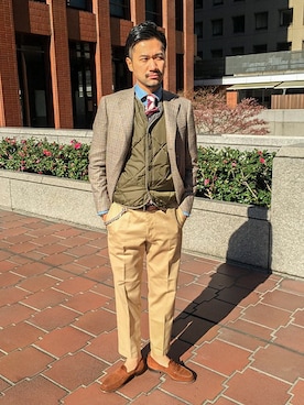 「UNITED ARROWS（ユナイテッドアローズ）のアイテム（ダウンベスト）」を使った、佐藤 朋和さん（メンズ・180cm）の冬コーディネート