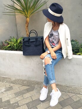 「SEA（シー）のネイビーカゴバッグM（かごバッグ）」を使った、AkikoNakamuraさん（レディース・153cm）の春コーディネート