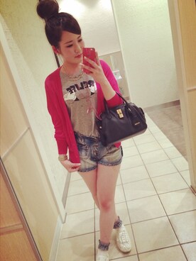 「UNIQLO（ユニクロ）のアイテム（その他アウター、ピンク系）」を使った、ゆきこさん（レディース・159cm）の夏コーディネート