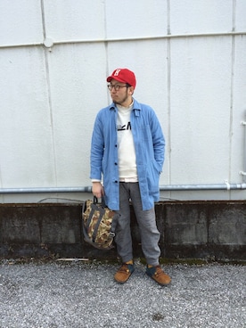 「weac.（ウィークス）のアイテム（ステンカラーコート）」を使った、yoheiさん（メンズ・175cm）の冬コーディネート