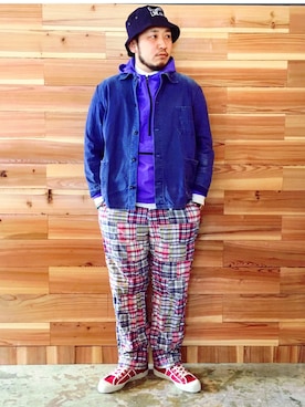 「アイテム（パーカー、ブルー系）」を使った、yoheiさん（メンズ・175cm）の春コーディネート