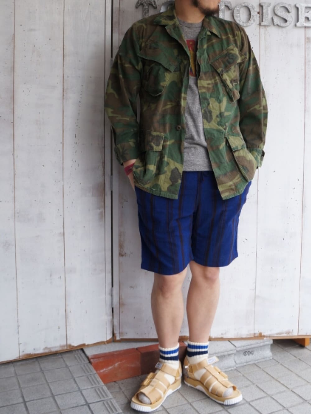 「今日のコーデ、今日の服、スポーツサンダル、ラインソックス、カモ、camo、SHAKA」｜「69s ベトナムジャングルファティーグJKのアイテム（ミリタリージャケット、グリーン系）」を使った、yoheiさん（メンズ・175cm）の春コーディネートの1枚目の写真