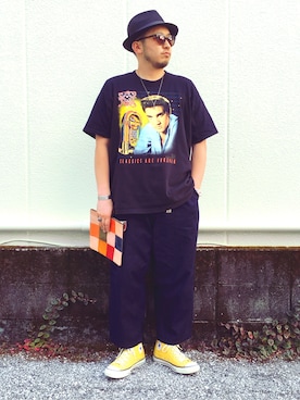 「アイテム（Tシャツ/カットソー、ブラック系）」を使った、yoheiさん（メンズ・175cm）の夏コーディネート