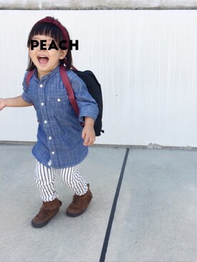 「H&M（エイチ・アンド・エム）のアイテム（シャツ/ブラウス、ブルー系）」を使った、peachさん（キッズ）の夏コーディネート
