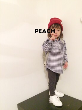 「Right-on（ライトオン）のアイテム（シャツ/ブラウス、ブルー系）」を使った、peachさん（キッズ）の秋コーディネート