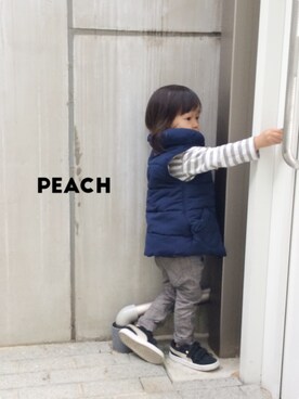 「西松屋（ニシマツヤ）のアイテム（その他アウター、ブルー系）」を使った、peachさん（キッズ）の秋コーディネート