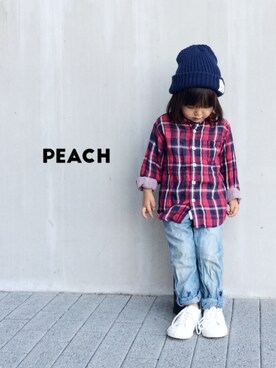 「Right-on（ライトオン）のアイテム（シャツ/ブラウス、レッド系）」を使った、peachさん（キッズ）の秋コーディネート