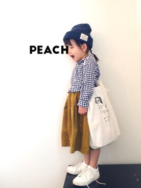 「3coins（3coins）のアイテム（帽子、ブルー系）」を使った、peachさん（キッズ）の春コーディネート