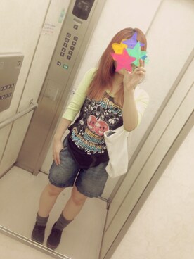 「RNA（アールエヌエー）のL8716 POP BOMBラグランT（Tシャツ/カットソー、ブラック系）」を使った、ぽんこつさん（レディース・161cm）の夏コーディネート