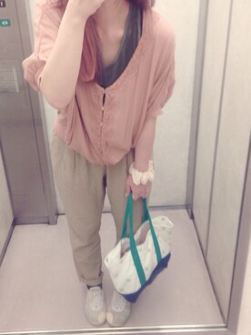 「collex（コレックス）のｽﾀｰﾄｰﾄbag(小)（トートバッグ、グリーン系）」を使った、ぽんこつさん（レディース・161cm）の夏コーディネート