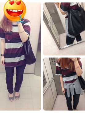 「H&M（エイチ・アンド・エム）のアイテム（Tシャツ/カットソー、パープル系）」を使った、ぽんこつさん（レディース・161cm）の夏コーディネート