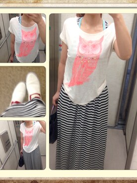 「collex（コレックス）のﾌｸﾛｳTｼｬﾂ（Tシャツ/カットソー、オレンジ系）」を使った、ぽんこつさん（レディース・161cm）の夏コーディネート