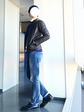 「ニットキャップ」｜「アイテム（ライダースジャケット）」を使った、makさん（メンズ・177cm）の冬コーディネート