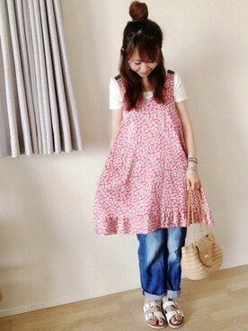 「小花柄ワンピース」｜「アイテム（アクセサリー）」を使った、memeさん（レディース・158cm）の夏コーディネート