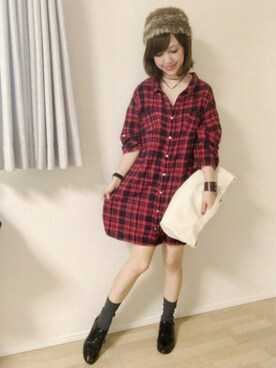 「チェックシャツワンピース」｜「アイテム（その他）」を使った、memeさん（レディース・158cm）の秋コーディネート