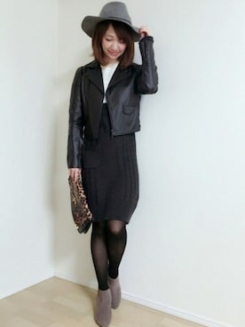 「ハットコーデ」｜「アイテム（ライダースジャケット）」を使った、memeさん（レディース・158cm）の秋コーディネート