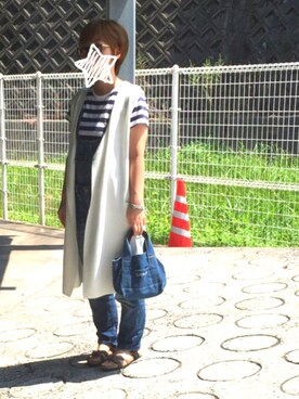 「BAYFLOW（ベイフロー）のBAYFLOW／ロゴトート(Sサイズ)（トートバッグ、ブルー系）」を使った、haanaさん（レディース）の夏コーディネート