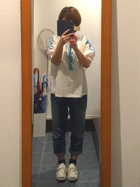 「GU（ジーユー）のアイテム（デニムパンツ、ブルー系）」を使った、haanaさん（レディース）の夏コーディネート