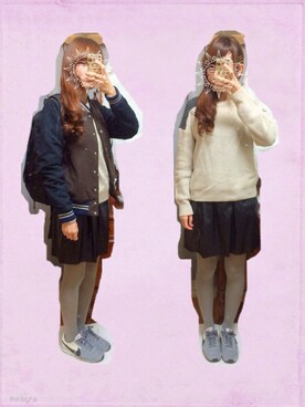 「レザースカート」｜「アイテム（スタジャン）」を使った、ぽんずさん（レディース・159cm）の秋コーディネート